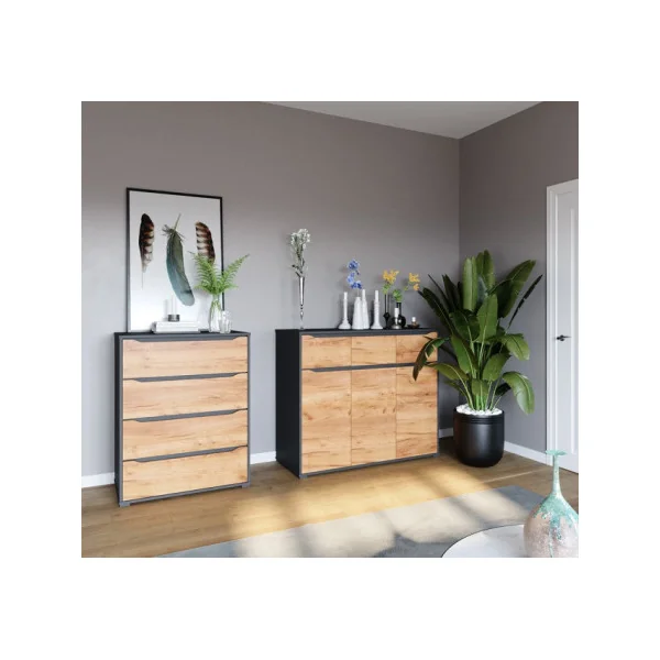 Commode Anthracite Chêne 3 tiroirs 3 Placards Commode Moderne Commode Chambre Commode Salle à Manger
