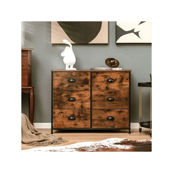 Commode avec 6 Tiroirs Meuble de Rangement Marron Rustique et Noir
