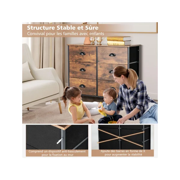 Commode avec 6 Tiroirs Meuble de Rangement Marron Rustique et Noir