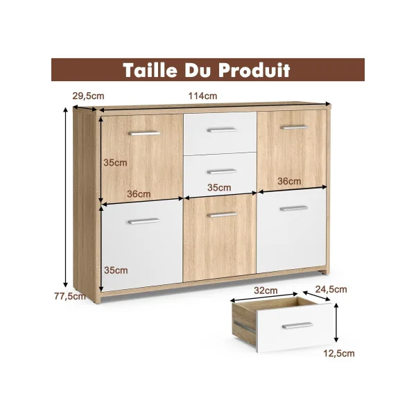 Commode Blanche Chêne 2 tiroirs 5 Placards Commode Moderne Commode Chambre Commode Salle à Manger