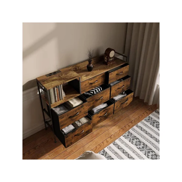 Commode Brun Rustique et Noir 8 Tiroirs Commode Avec Station de Charge Style Industriel