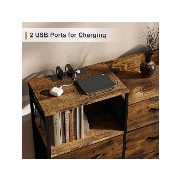 Commode Brun Rustique et Noir 8 Tiroirs Commode Avec Station de Charge Style Industriel