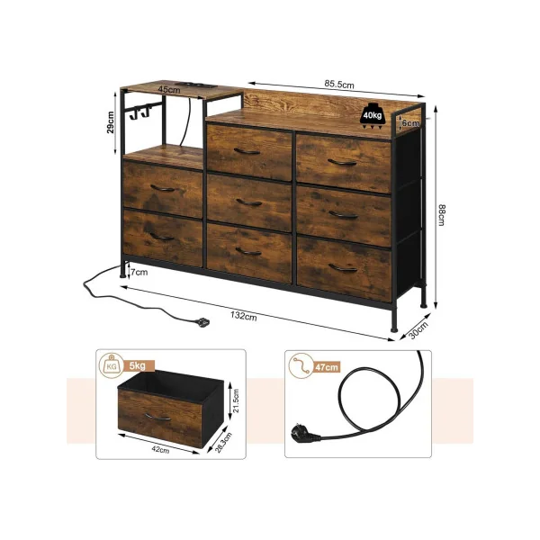 Commode Brun Rustique et Noir 8 Tiroirs Commode Avec Station de Charge Style Industriel