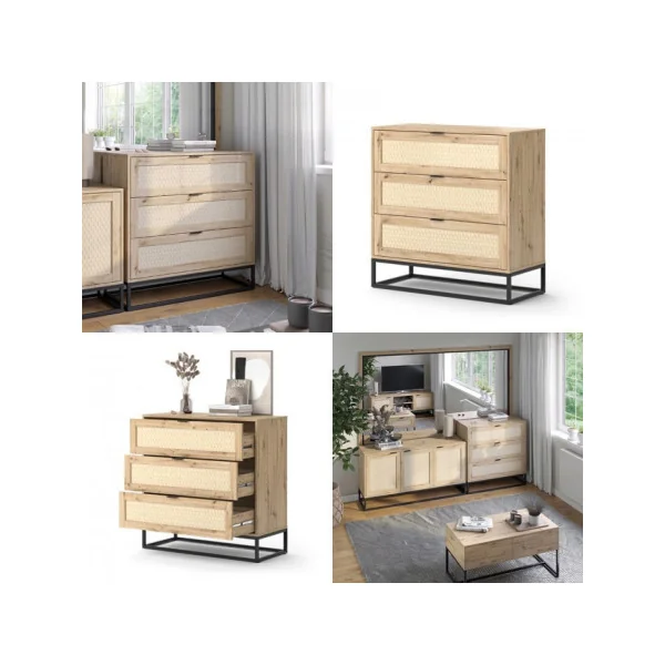 Commode Chêne 3 Tiroirs Pied Métal Commode de Salon Commode Chambre Industrielle