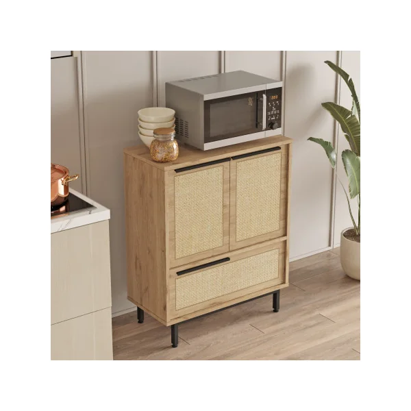 Commode Chêne Rotin et Noir avec Placard Rangement Salon Chambre Meuble Cuisine
