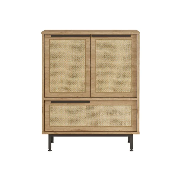 Commode Chêne Rotin et Noir avec Placard Rangement Salon Chambre Meuble Cuisine
