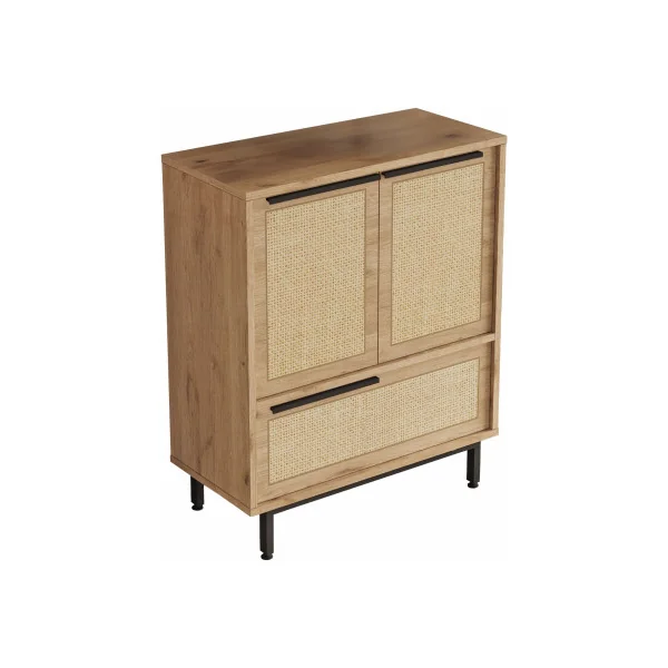 Commode Chêne Rotin et Noir avec Placard Rangement Salon Chambre Meuble Cuisine