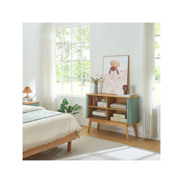 Commode en Bambou Naturel et Bleu Portes Coulissantes Rangement Salon Chambre