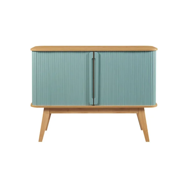 Commode en Bambou Naturel et Bleu Portes Coulissantes Rangement Salon Chambre