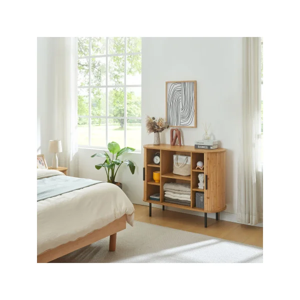 Commode en Bambou Pied Métal Noir Portes Coulissantes Rangement Salon