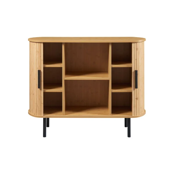 Commode en Bambou Pied Métal Noir Portes Coulissantes Rangement Salon
