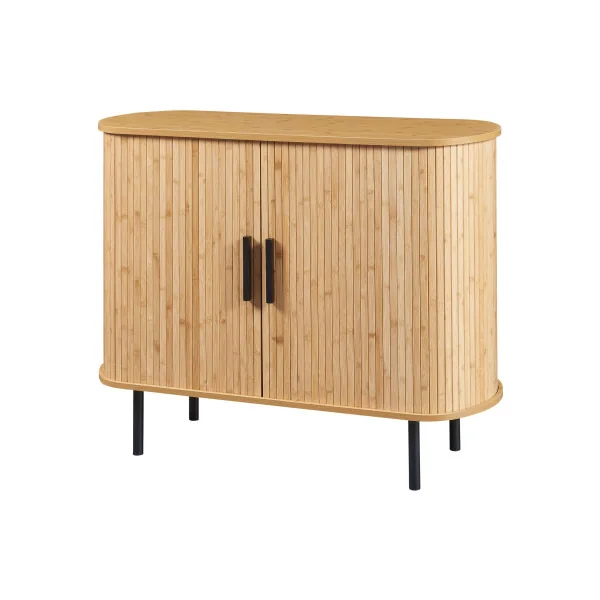 Commode en Bambou Pied Métal Noir Portes Coulissantes Rangement Salon