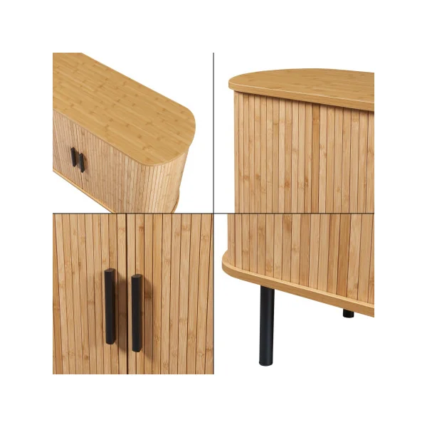 Commode en Bambou Pied Métal Noir Portes Coulissantes Rangement Salon