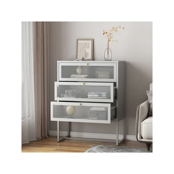 Commode en Métal Grise 3 Tiroirs Meuble de Rangement Chambre en Acier Armoire Basse Salon