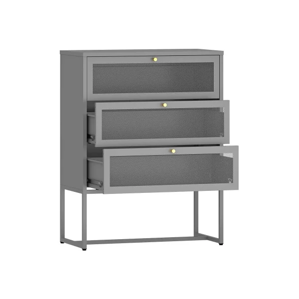 Commode en Métal Grise 3 Tiroirs Meuble de Rangement Chambre en Acier Armoire Basse Salon