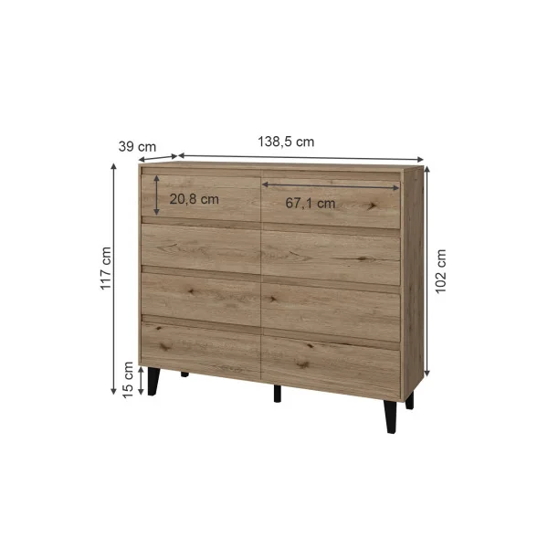 Commode Haute 138 cm 8 Tiroirs Chêne Commode de Salon Moderne Commode Chambre
