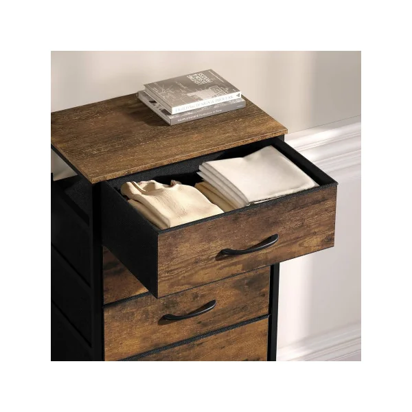 Commode Haute 5 Tiroirs Tissu Marron Rustique Style Industriel Meuble de Rangement Cadre Métal