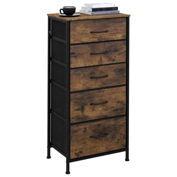 Commode Haute 5 Tiroirs Tissu Marron Rustique Style Industriel Meuble de Rangement Cadre Métal