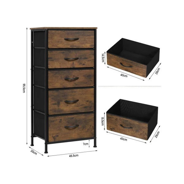 Commode Haute 5 Tiroirs Tissu Marron Rustique Style Industriel Meuble de Rangement Cadre Métal