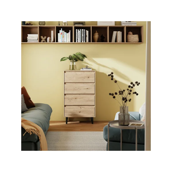 Commode Haute 70 cm 4 Tiroirs Chêne Commode de Salon Moderne Commode Chambre