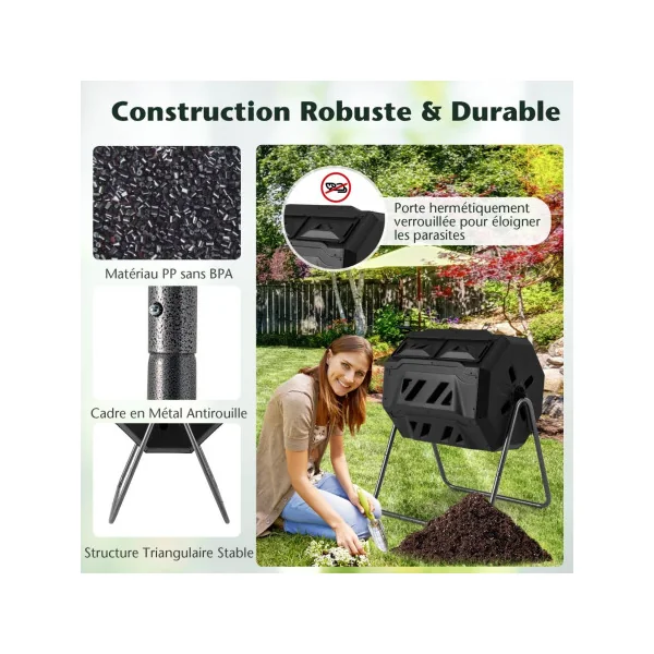 Composteur Jardin 160 L Double Chambre Rotatif 360° Plastique et Métal Noir 2 Portes