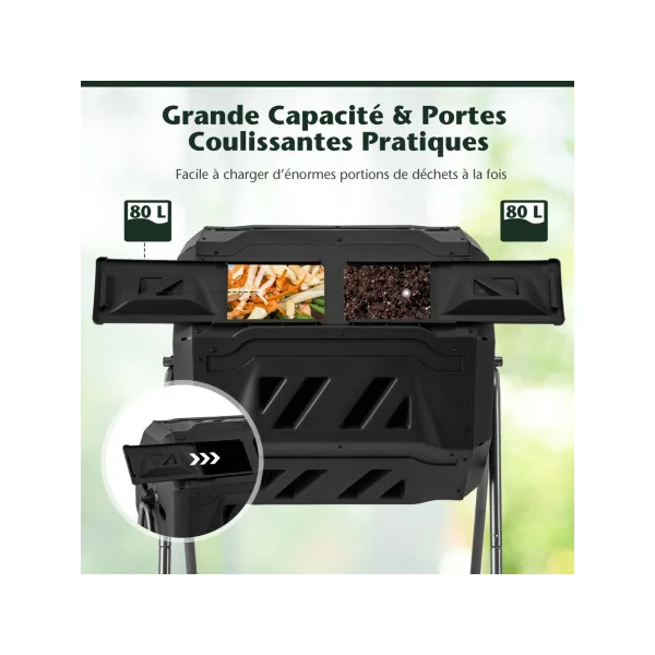 Composteur Jardin 160 L Double Chambre Rotatif 360° Plastique et Métal Noir 2 Portes