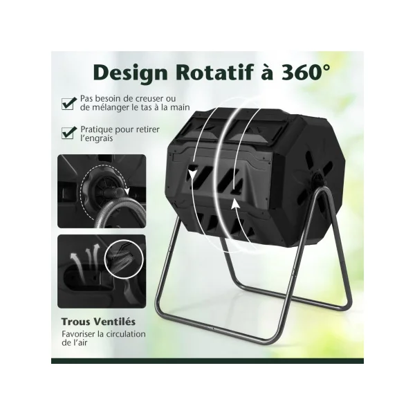 Composteur Jardin 160 L Double Chambre Rotatif 360° Plastique et Métal Noir 2 Portes