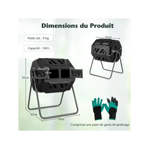 Composteur Jardin 160 L Double Chambre Rotatif 360° Plastique et Métal Noir 2 Portes