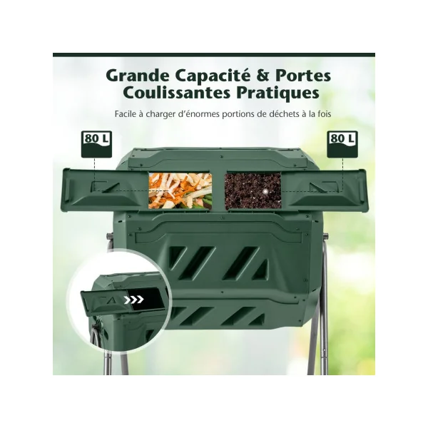 Composteur Jardin 160 L Double Chambre Rotatif 360° Plastique et Métal Vert 2 Portes