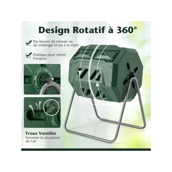 Composteur Jardin 160 L Double Chambre Rotatif 360° Plastique et Métal Vert 2 Portes