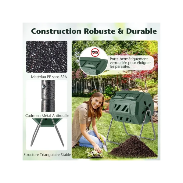 Composteur Jardin 160 L Double Chambre Rotatif 360° Plastique et Métal Vert 2 Portes