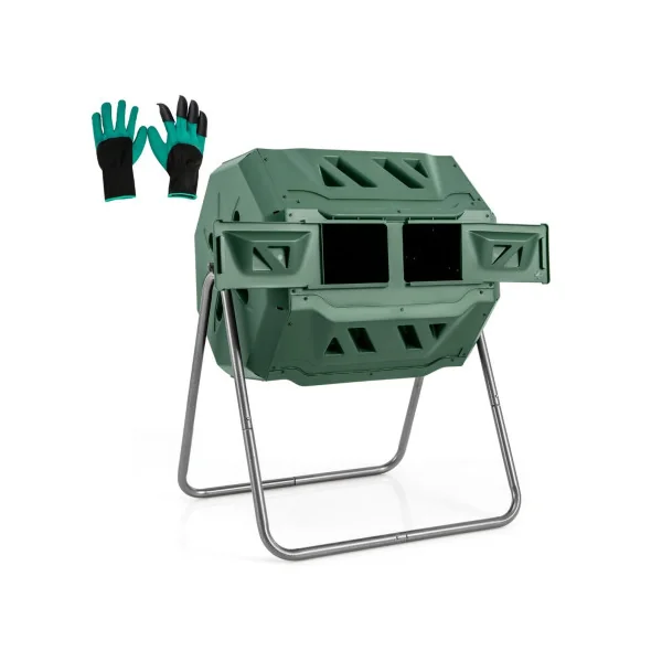 Composteur Jardin 160 L Double Chambre Rotatif 360° Plastique et Métal Vert 2 Portes
