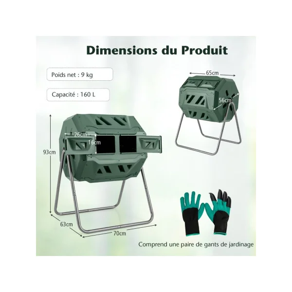 Composteur Jardin 160 L Double Chambre Rotatif 360° Plastique et Métal Vert 2 Portes