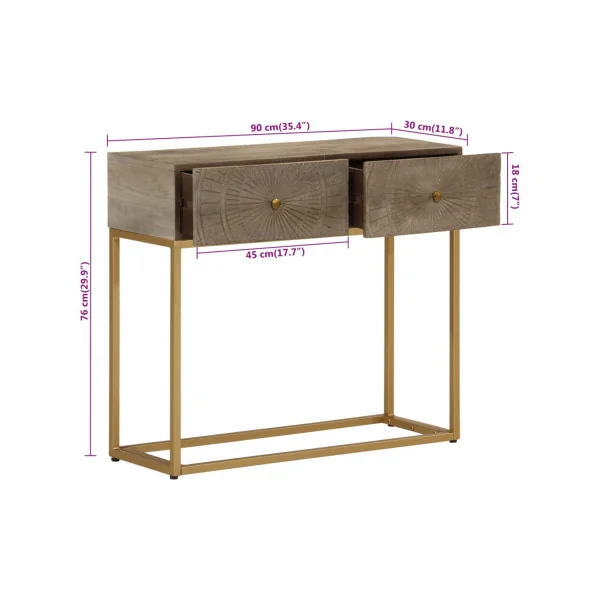 Console 2 Tiroirs Bois Massif Manguier Brun sur Ossature Fer Or Console Entrée