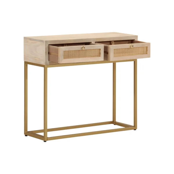 Console 2 Tiroirs Bois Massif Manguier Clair sur Ossature Fer Or Console Entrée