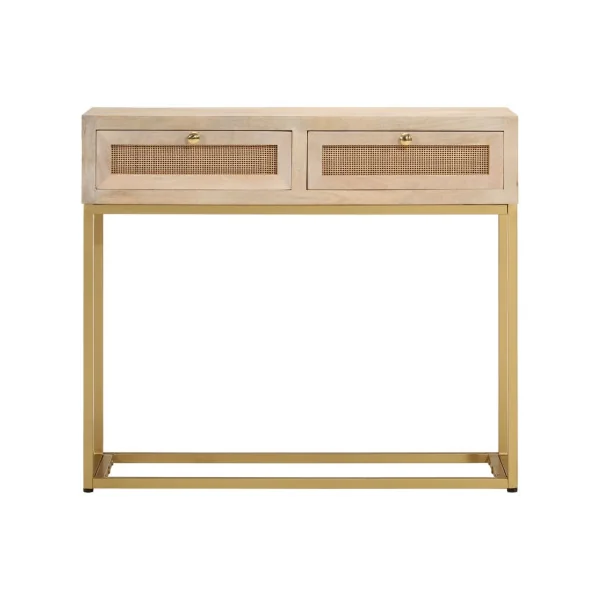 Console 2 Tiroirs Bois Massif Manguier Clair sur Ossature Fer Or Console Entrée