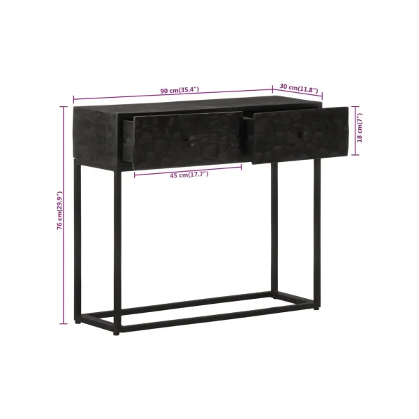 Console 2 Tiroirs Bois Massif Manguier Noir Sculpté sur Ossature Fer Console Entrée
