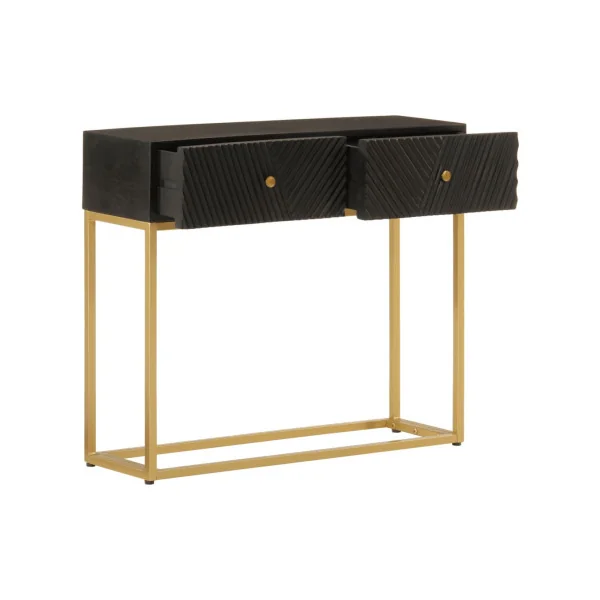 Console 2 Tiroirs Bois Massif Manguier Noir Sculpté sur Ossature Fer Or Console Entrée