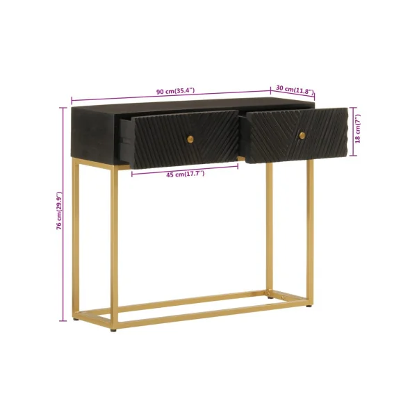 Console 2 Tiroirs Bois Massif Manguier Noir Sculpté sur Ossature Fer Or Console Entrée