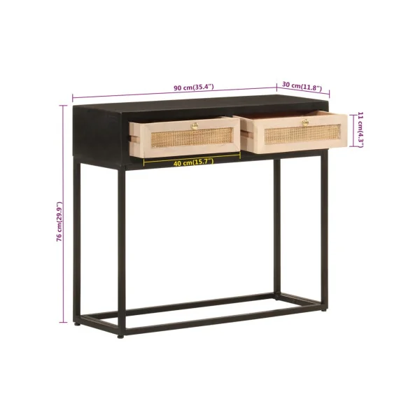 Console 2 Tiroirs Bois Massif Manguier Noir sur Ossature Fer Console Entrée