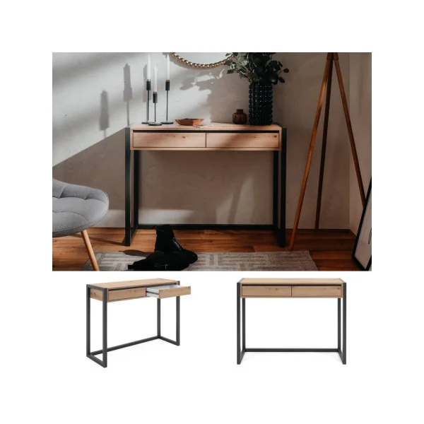 Console 2 Tiroirs Chêne et Métal Console Entrée Moderne 100x35x75 cm