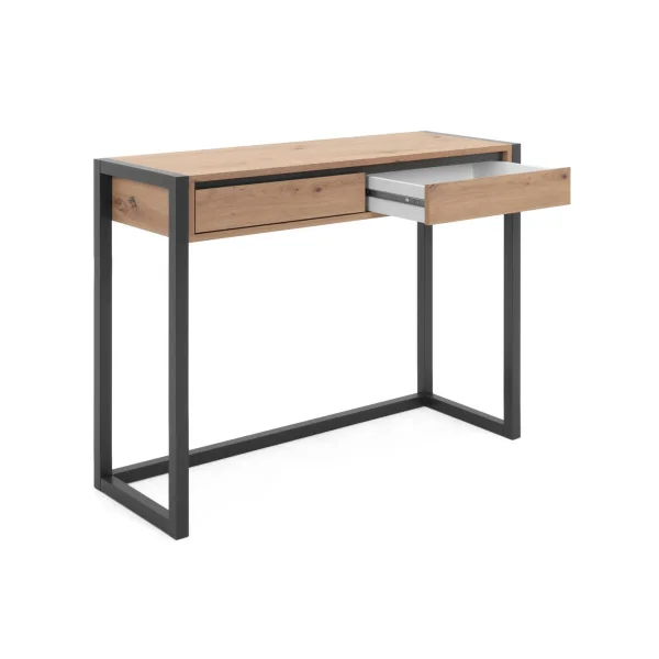 Console 2 Tiroirs Chêne et Métal Console Entrée Moderne 100x35x75 cm