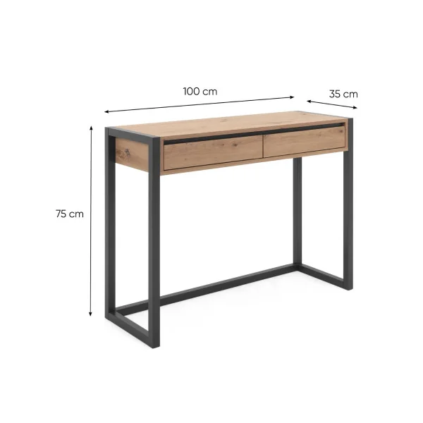 Console 2 Tiroirs Chêne et Métal Console Entrée Moderne 100x35x75 cm