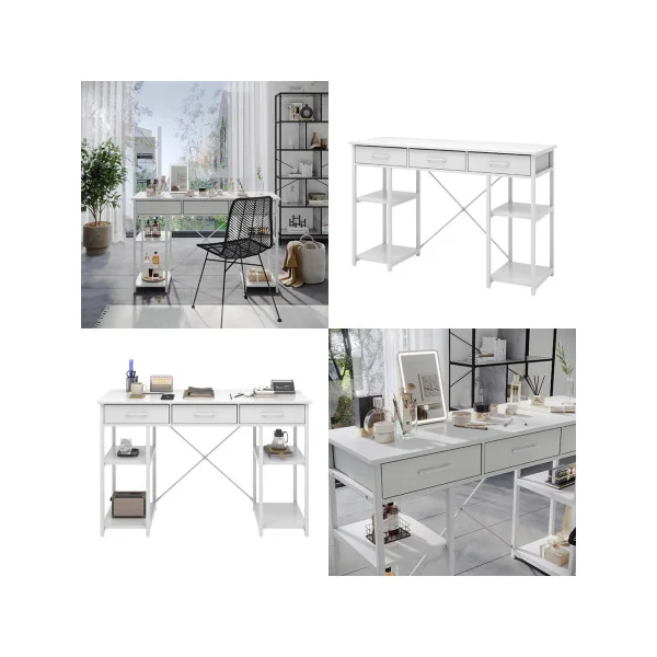 Console 3 Tiroirs Blanche et Acier Blanc Table d'Entrée Moderne