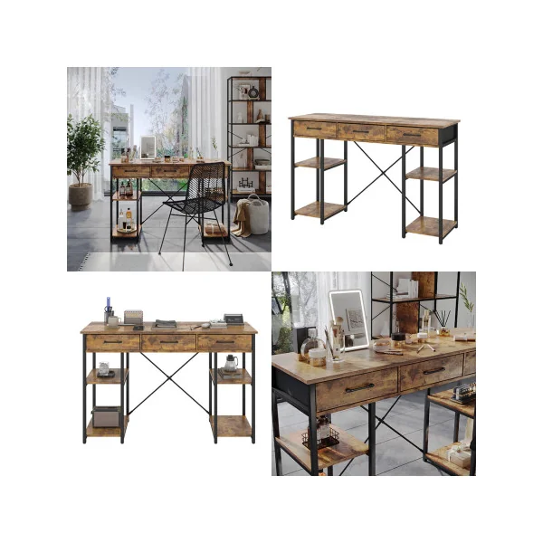 Console 3 Tiroirs Chêne Rustique et Acier Noir Table d'Entrée