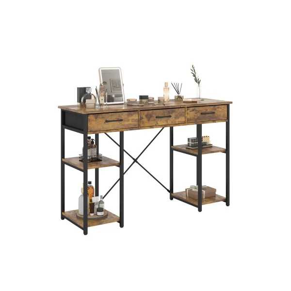 Console 3 Tiroirs Chêne Rustique et Acier Noir Table d'Entrée