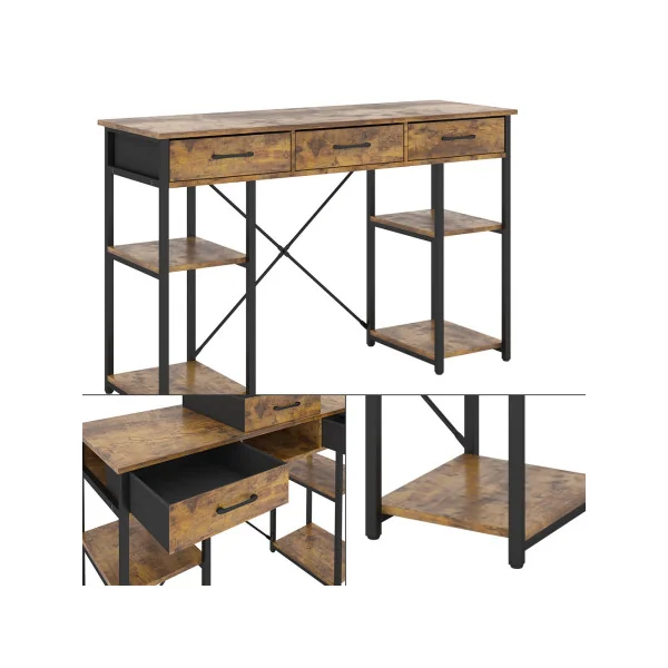 Console 3 Tiroirs Chêne Rustique et Acier Noir Table d'Entrée