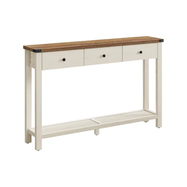 Console Blanc Marron 3 Tiroirs Table d'Entrée en Bois avec Etagère de Rangement