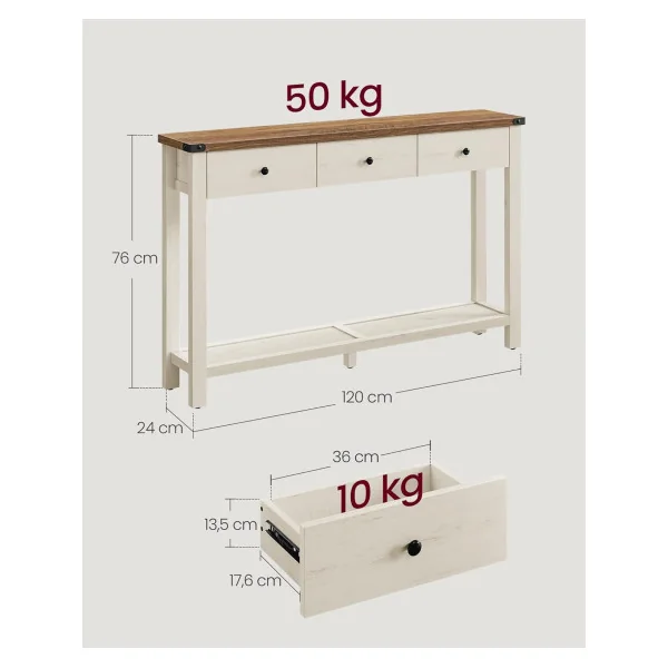 Console Blanc Marron 3 Tiroirs Table d'Entrée en Bois avec Etagère de Rangement