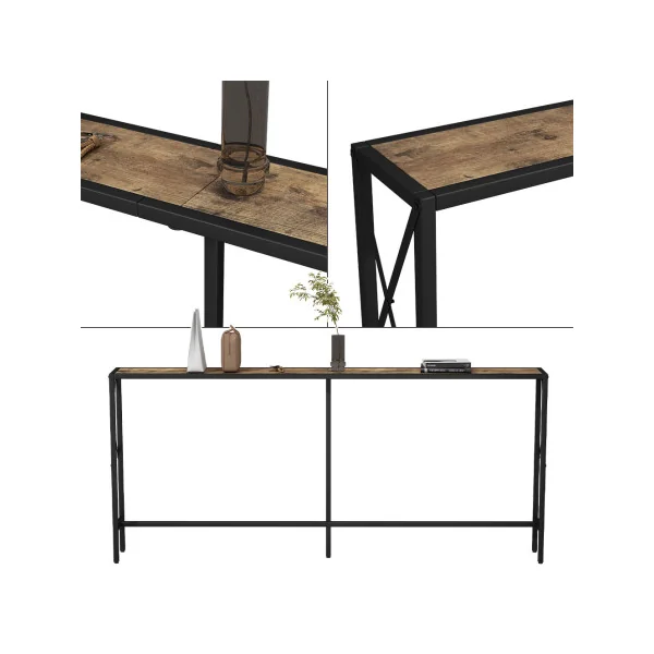 Console d'Entrée Acier Noir et Chêne Rustique 174 cm Meuble d'Entrée Table de Salon Etroite